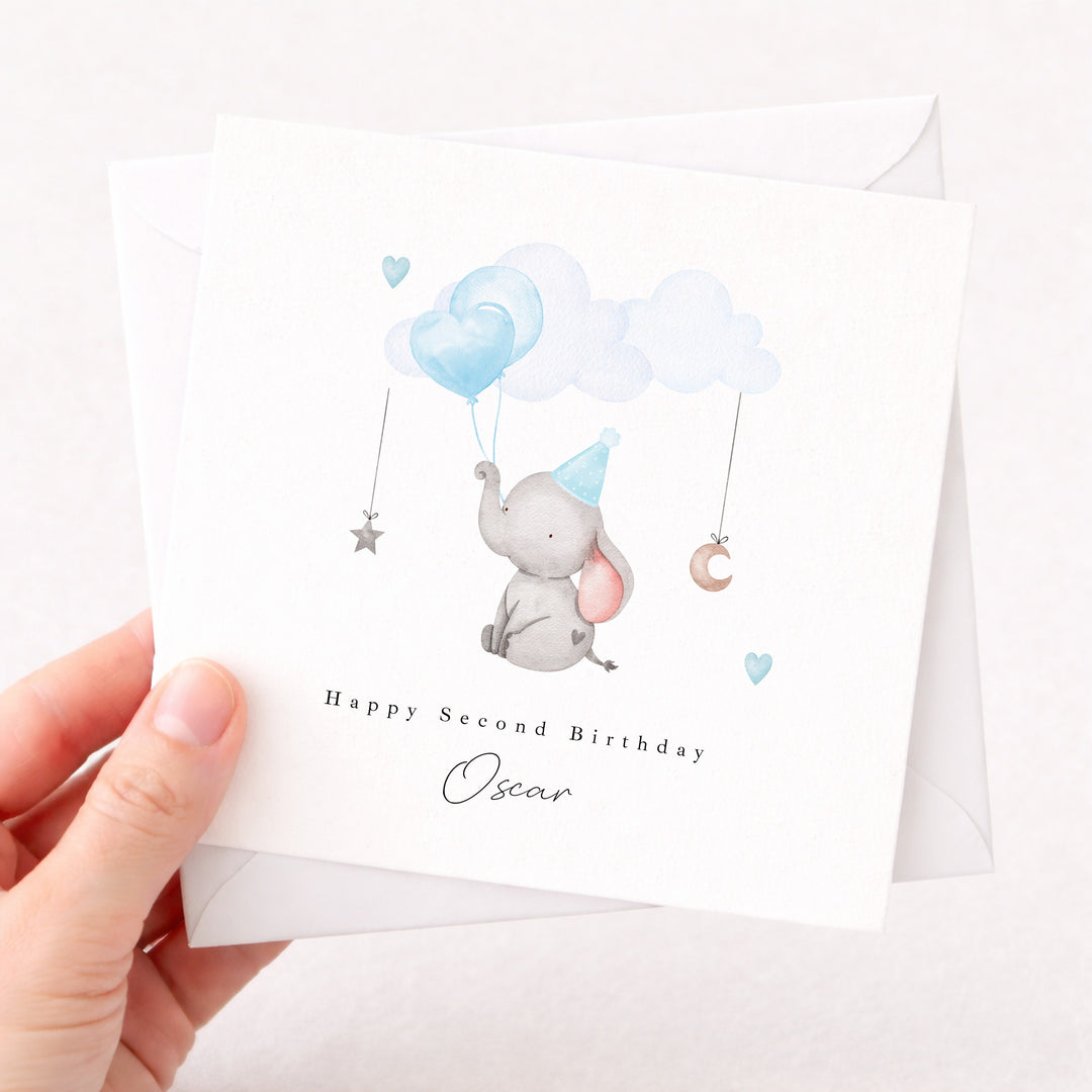 Personalised Blue Elephant Any Age Birthday Card