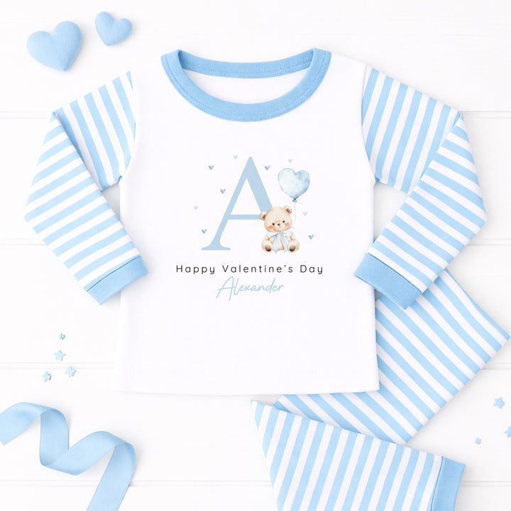 Personalised Blue Initial Happy Valentine's Day Blue Stripe Pyjamas