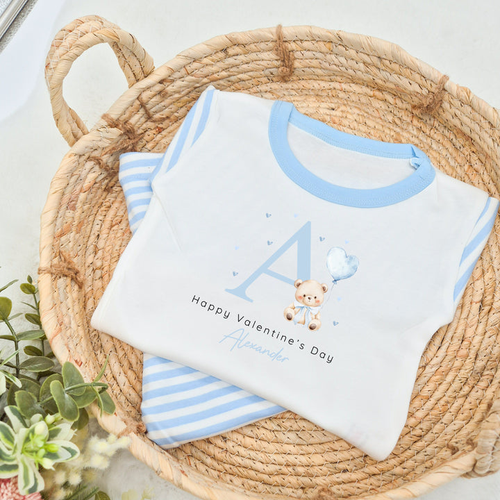 Personalised Blue Initial Happy Valentine's Day Blue Stripe Pyjamas