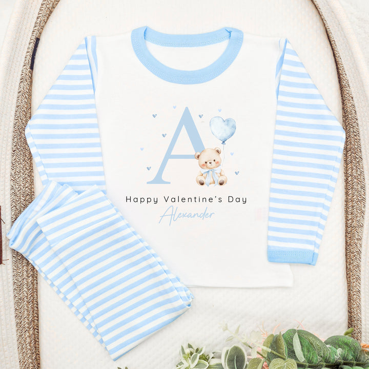 Personalised Blue Initial Happy Valentine's Day Blue Stripe Pyjamas