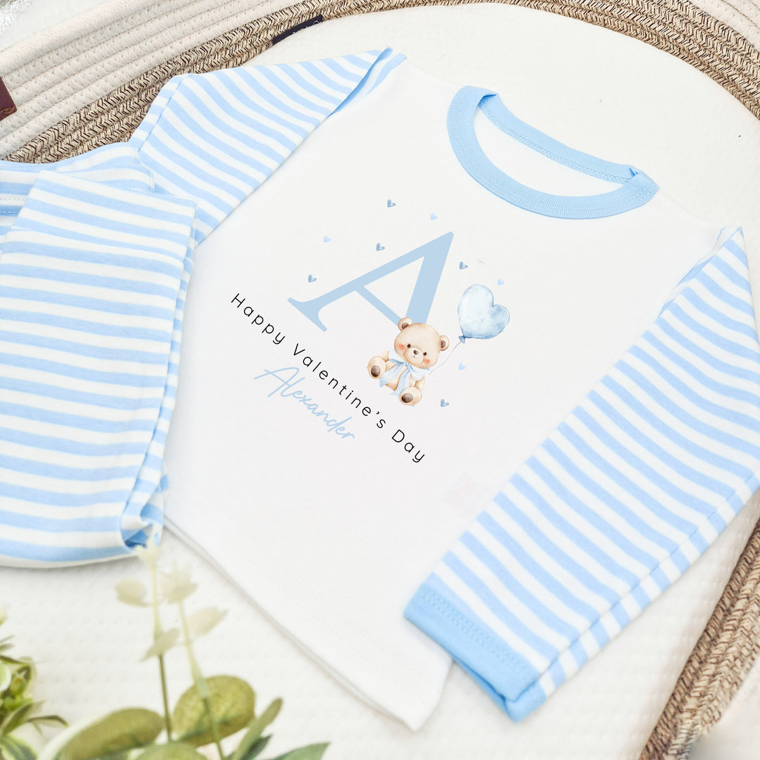 Personalised Blue Initial Happy Valentine's Day Blue Stripe Pyjamas