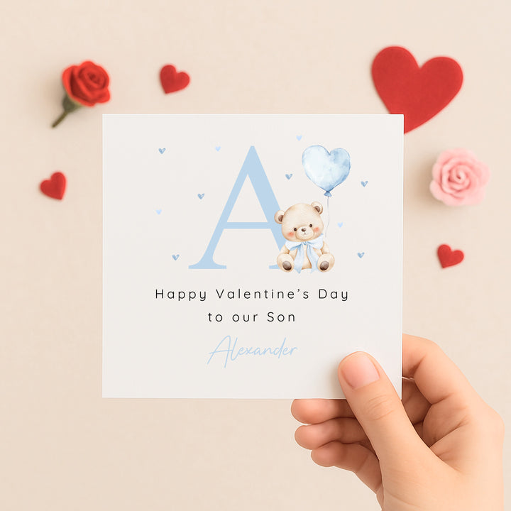 Personalised Blue Bear Initial Happy Valentine's Day Card