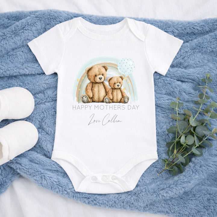 Personalised Happy Mothers Day Blue Teddy Bear Baby Grow or Vest