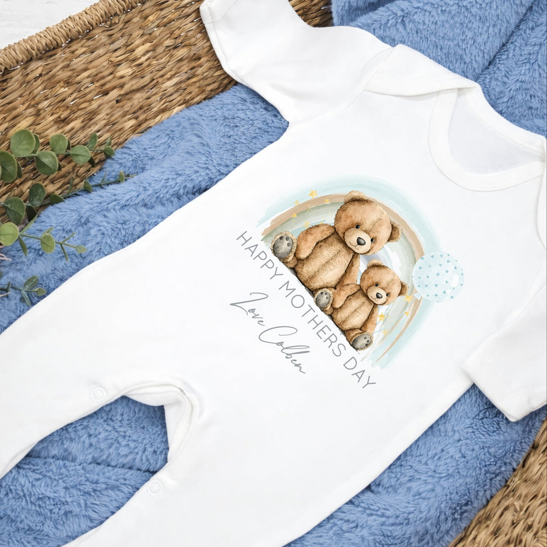 Personalised Happy Mothers Day Blue Teddy Bear Baby Grow or Vest