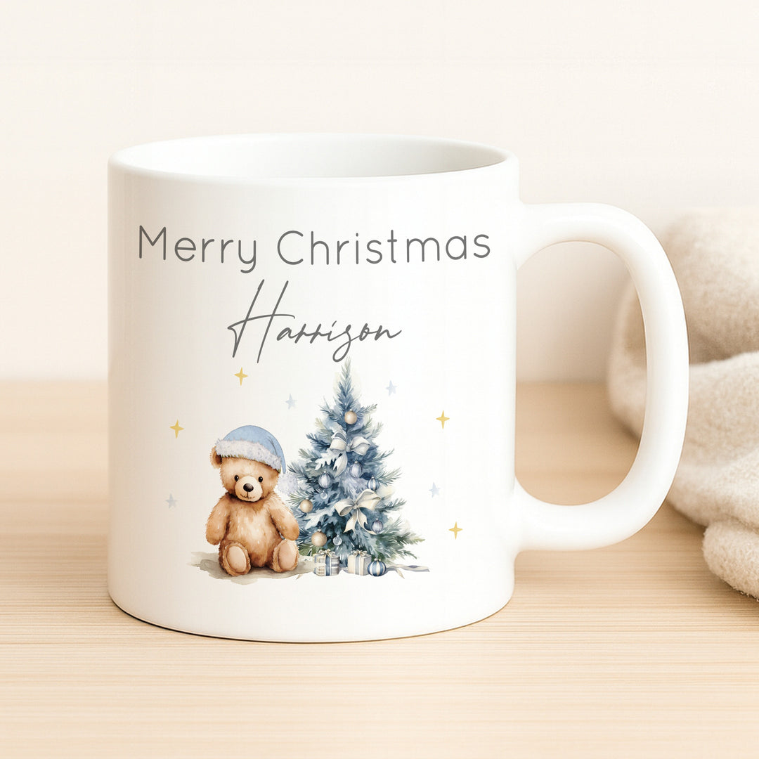 Personalised Blue Teddy Christmas Place Mat With Optional Cutlery and Mug