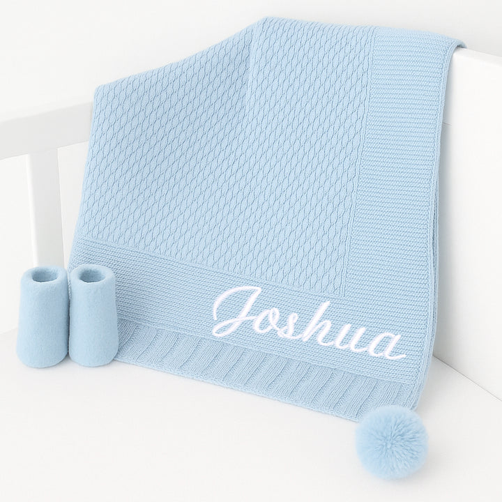 Personalised Blue Embroidered Knitted Baby Blanket