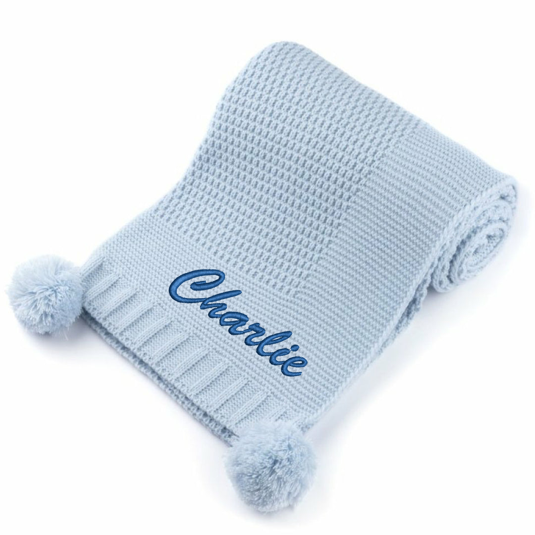 Personalised Blue Embroidered Knitted Baby Blanket