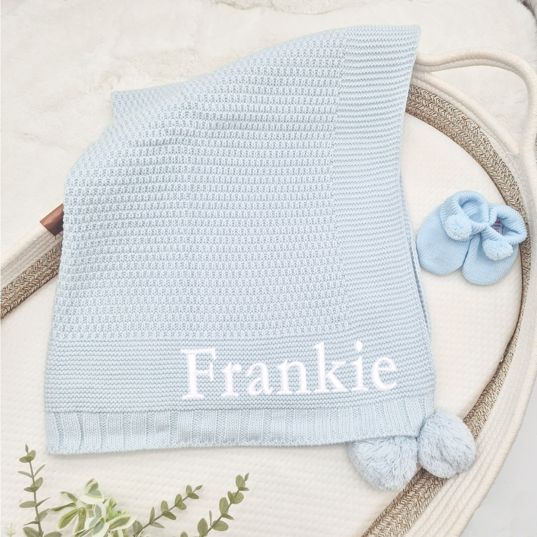 Personalised Blue Embroidered Knitted Baby Blanket