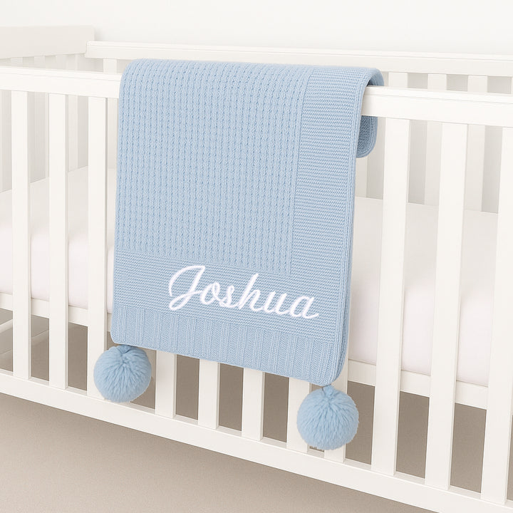 Personalised Blue Embroidered Knitted Baby Blanket
