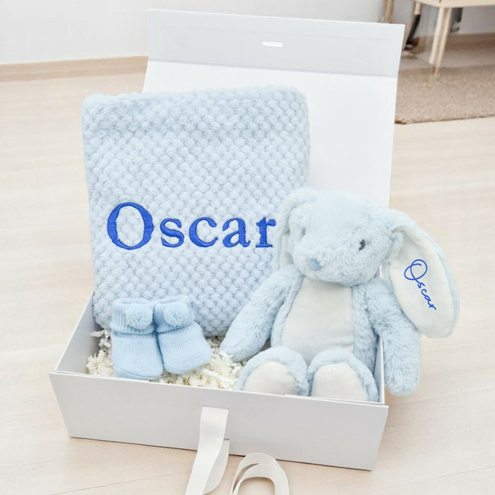 Boys Blue Blanket and Teddy Personalised Gift Hamper Set