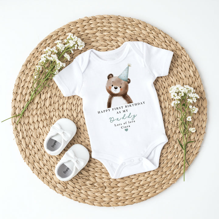 Personalised Blue Bear Happy Birthday Daddy Baby Grow/Vest