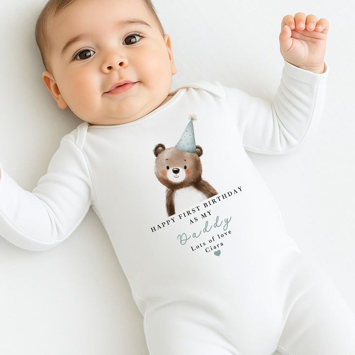 Personalised Blue Bear Happy Birthday Daddy Baby Grow/Vest