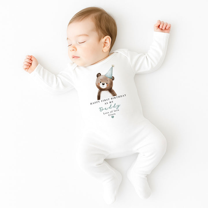 Personalised Blue Bear Happy Birthday Daddy Baby Grow/Vest