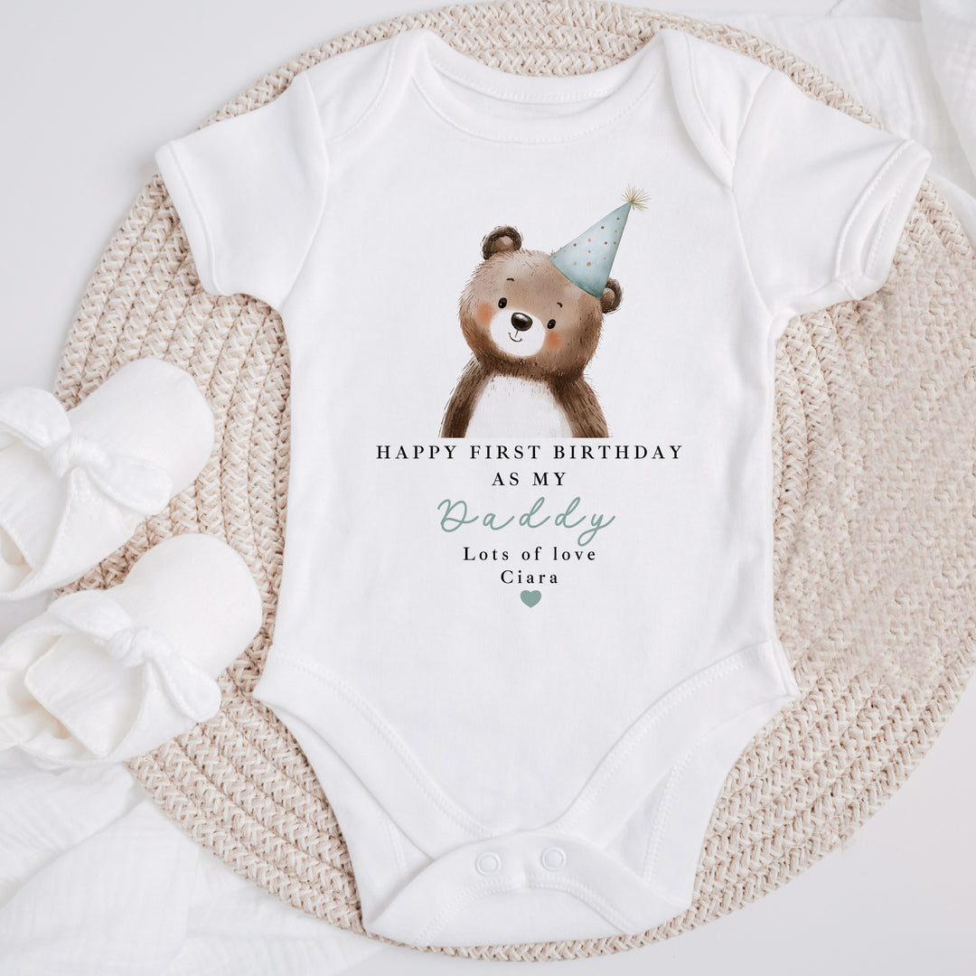 Personalised Blue Bear Happy Birthday Daddy Baby Grow/Vest