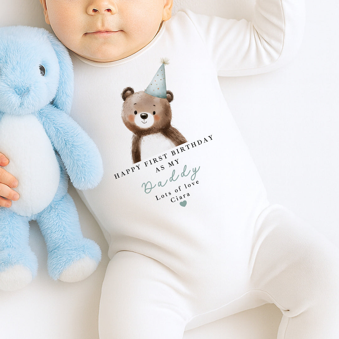 Personalised Blue Bear Happy Birthday Daddy Baby Grow/Vest