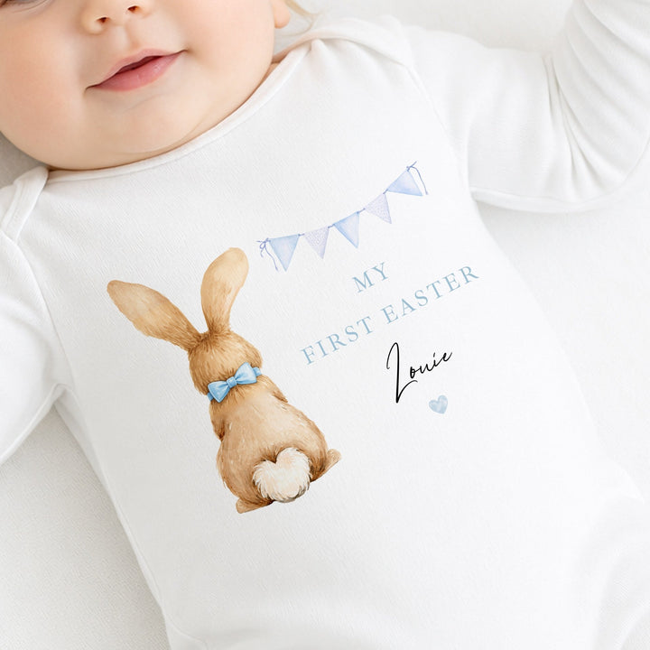 Personalised Blue Bunny Bunting My First Easter Baby Grow, Vest or Bib