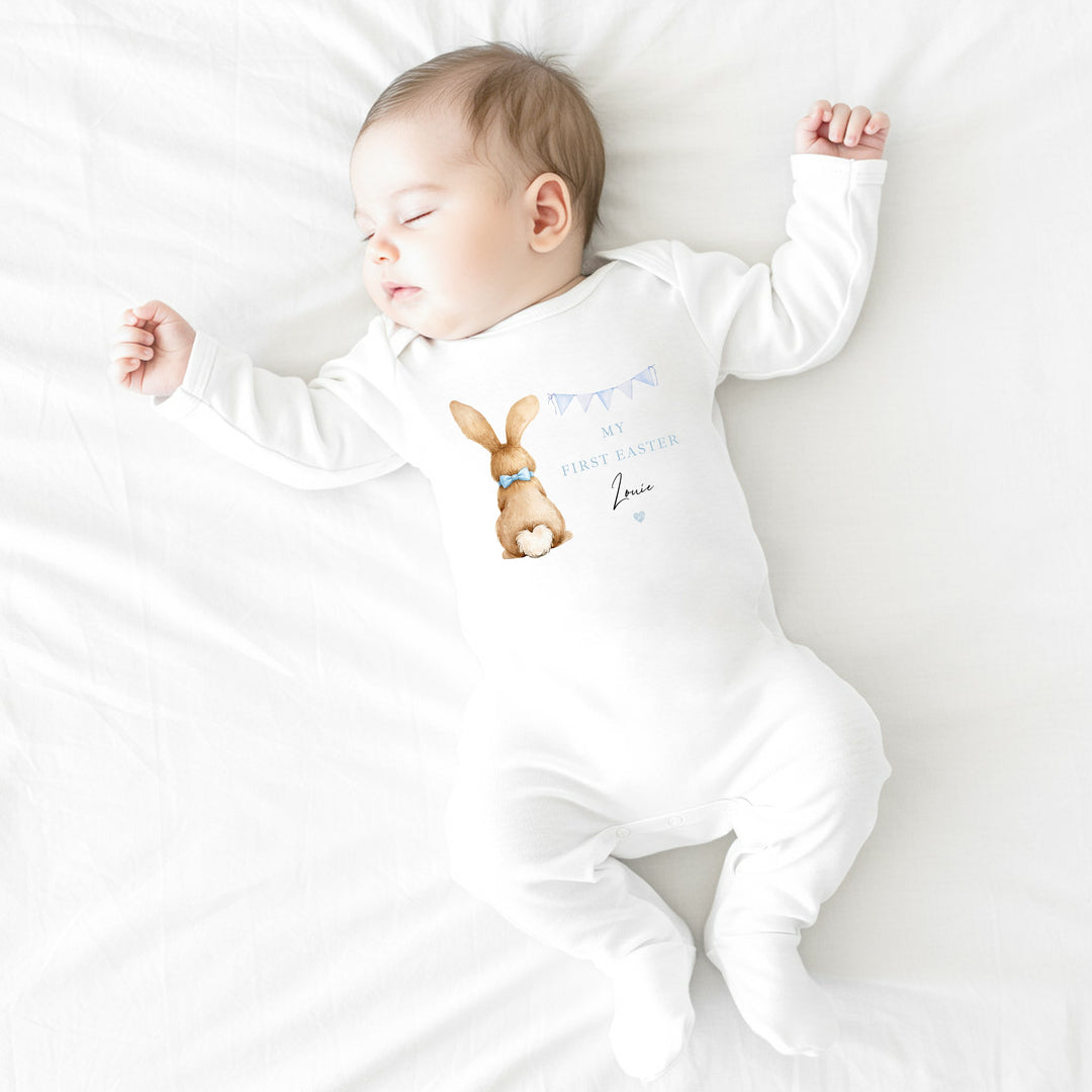 Personalised Blue Bunny Bunting My First Easter Baby Grow, Vest or Bib