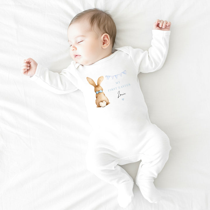 Personalised Blue Bunny Bunting My First Easter Baby Grow, Vest or Bib