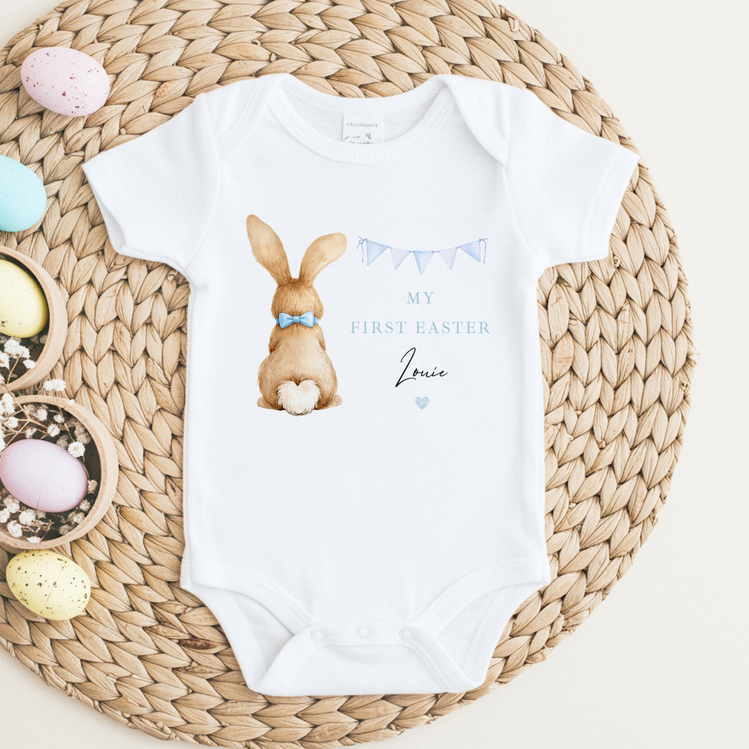 Personalised Blue Bunny Bunting My First Easter Baby Grow, Vest or Bib