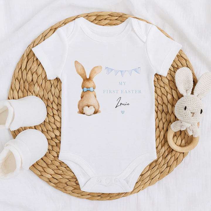 Personalised Blue Bunny Bunting My First Easter Baby Grow, Vest or Bib