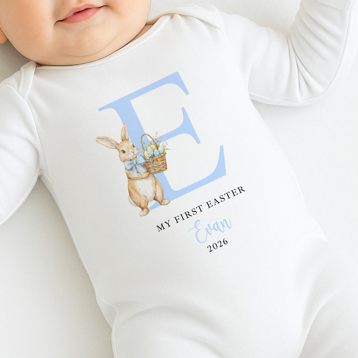 Personalised Blue Bunny Initial My First Easter Baby Grow, Vest or Bib