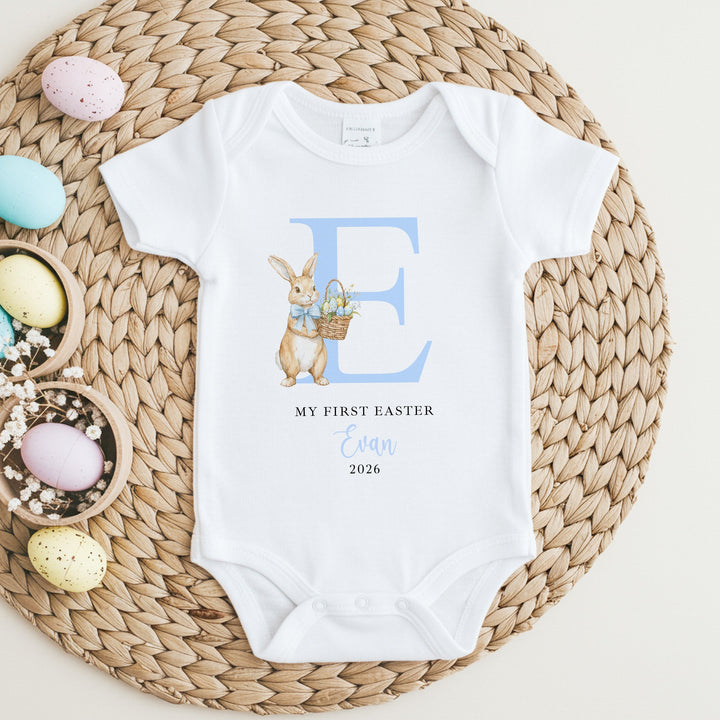 Personalised Blue Bunny Initial My First Easter Baby Grow, Vest or Bib