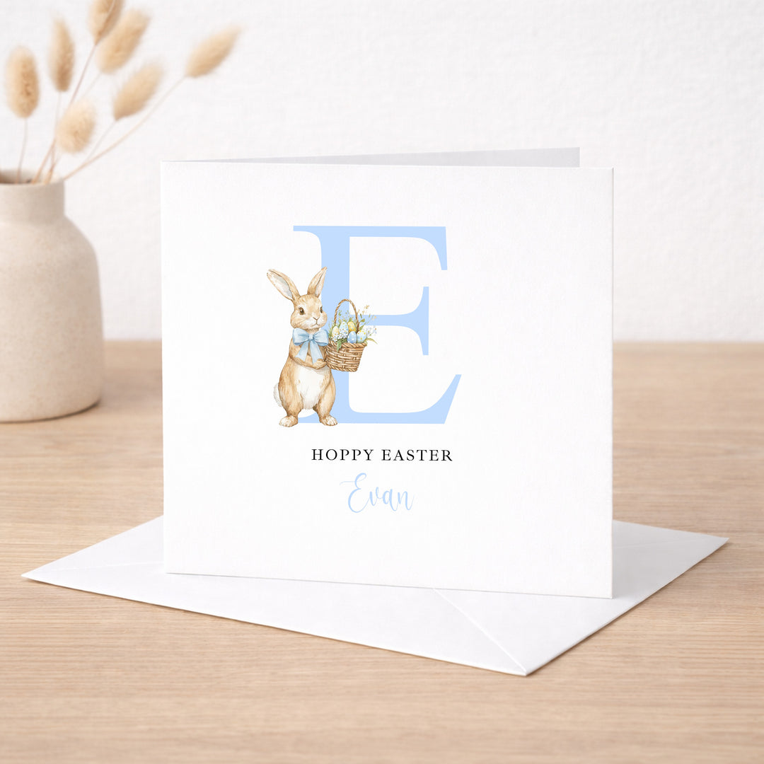 Personalised Blue Initial Bunny Hoppy Easter Card