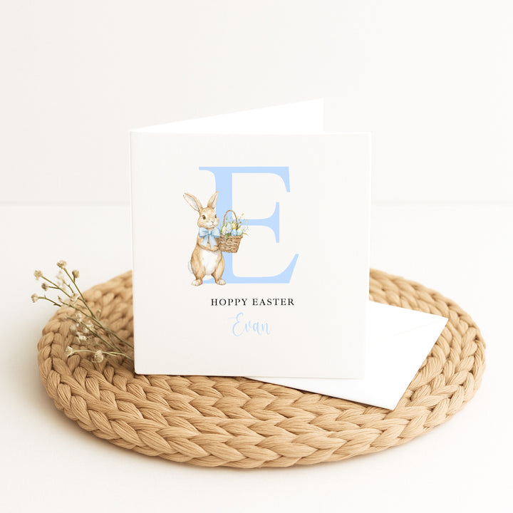 Personalised Blue Initial Bunny Hoppy Easter Card