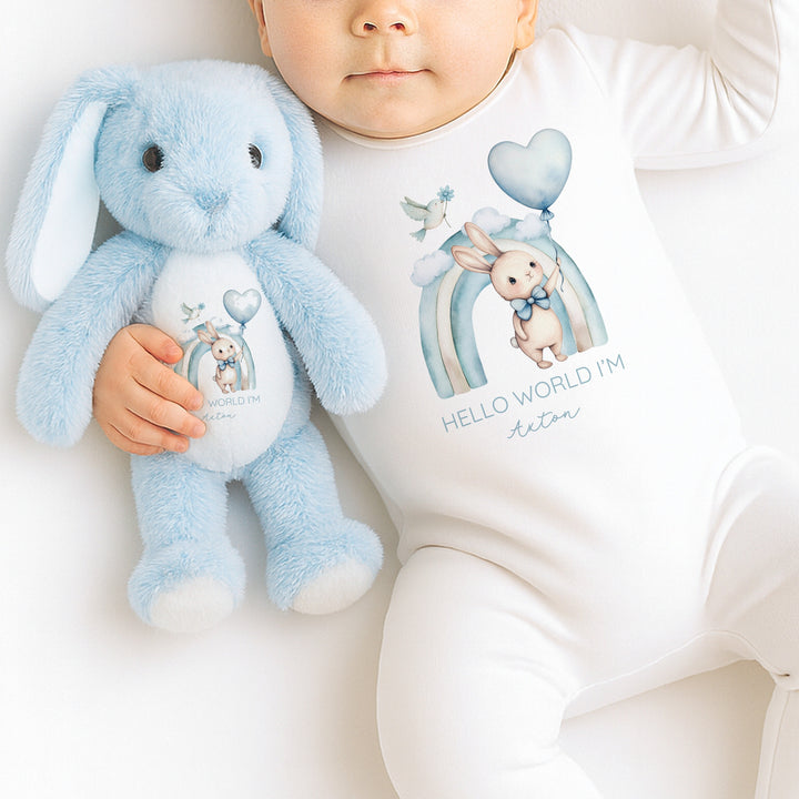 Personalised Boys Blue Bunny Rainbow Babygrow & Bunny Set