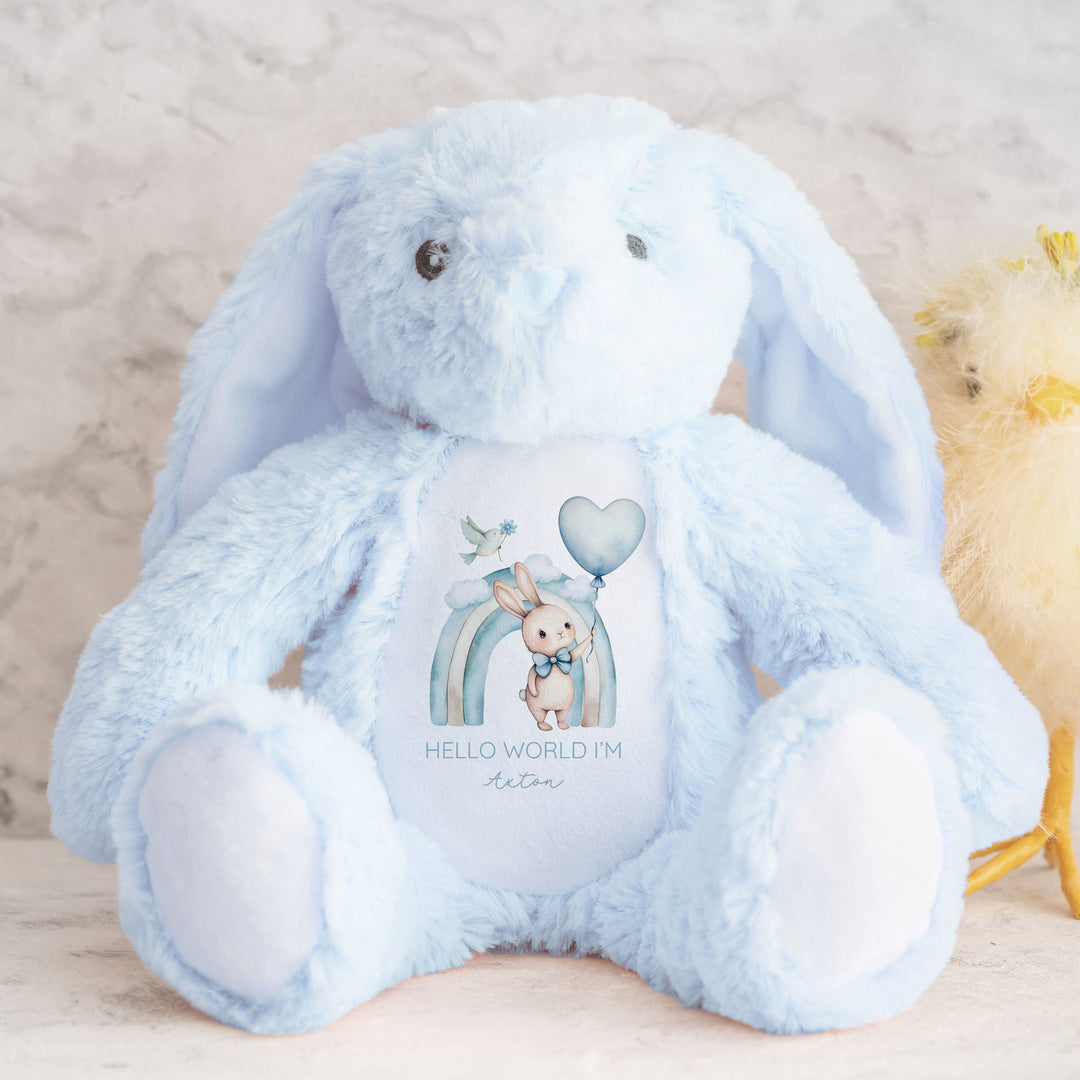 Personalised Boys Blue Bunny Rainbow Babygrow & Bunny Set