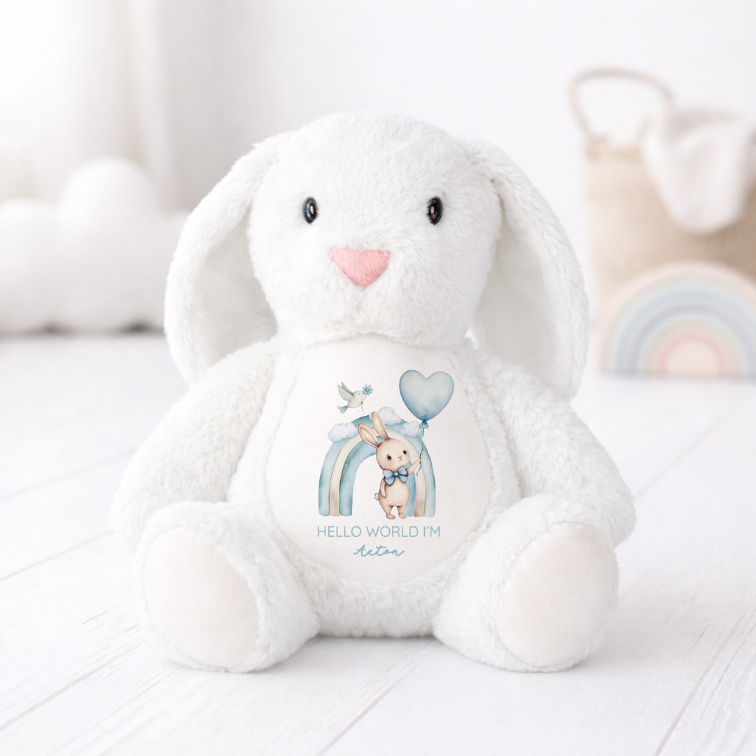 Personalised Boys Blue Bunny Rainbow Babygrow &amp; Rabbit Set