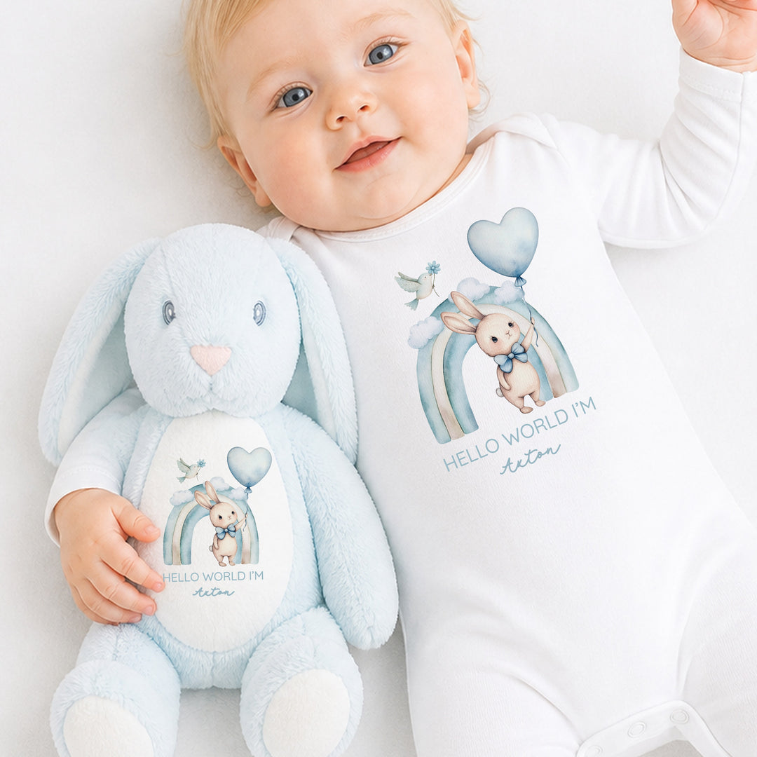 Personalised Boys Blue Bunny Rainbow Babygrow &amp; Rabbit Set