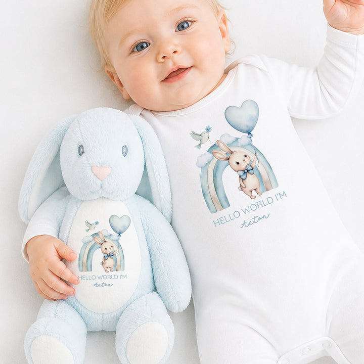 Personalised Boys Blue Bunny Rainbow Babygrow &amp; Rabbit Set