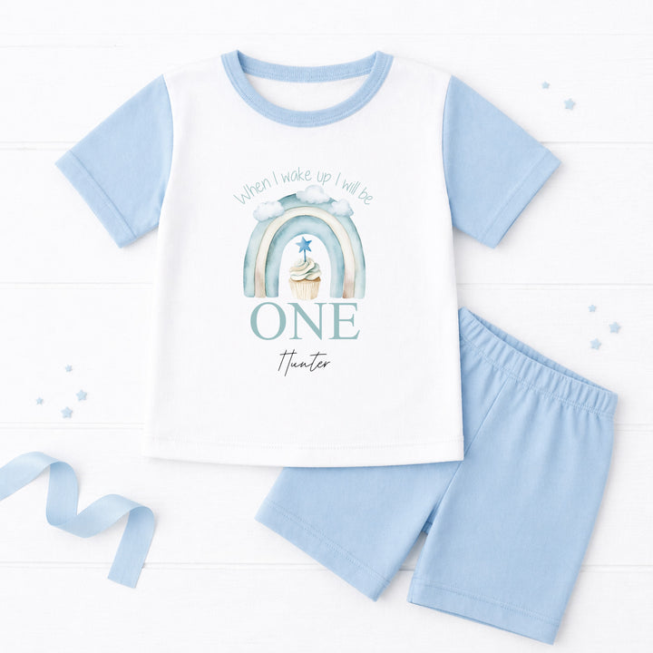 Personalised Blue Birthday Cake First Birthday Short Sleeve Pyjamas