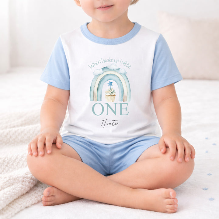 Personalised Blue Birthday Cake First Birthday Short Sleeve Pyjamas