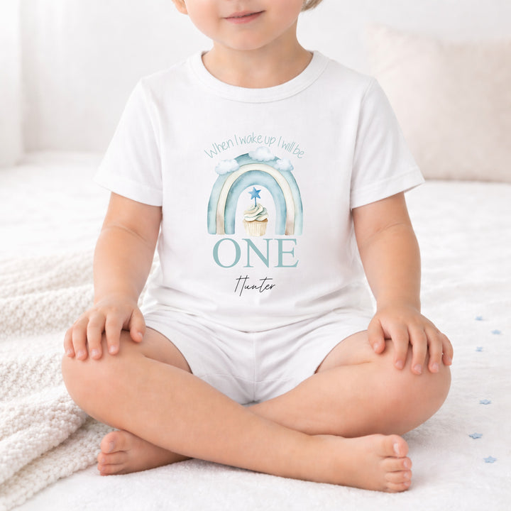 Personalised Blue Birthday Cake First Birthday Short Sleeve Pyjamas