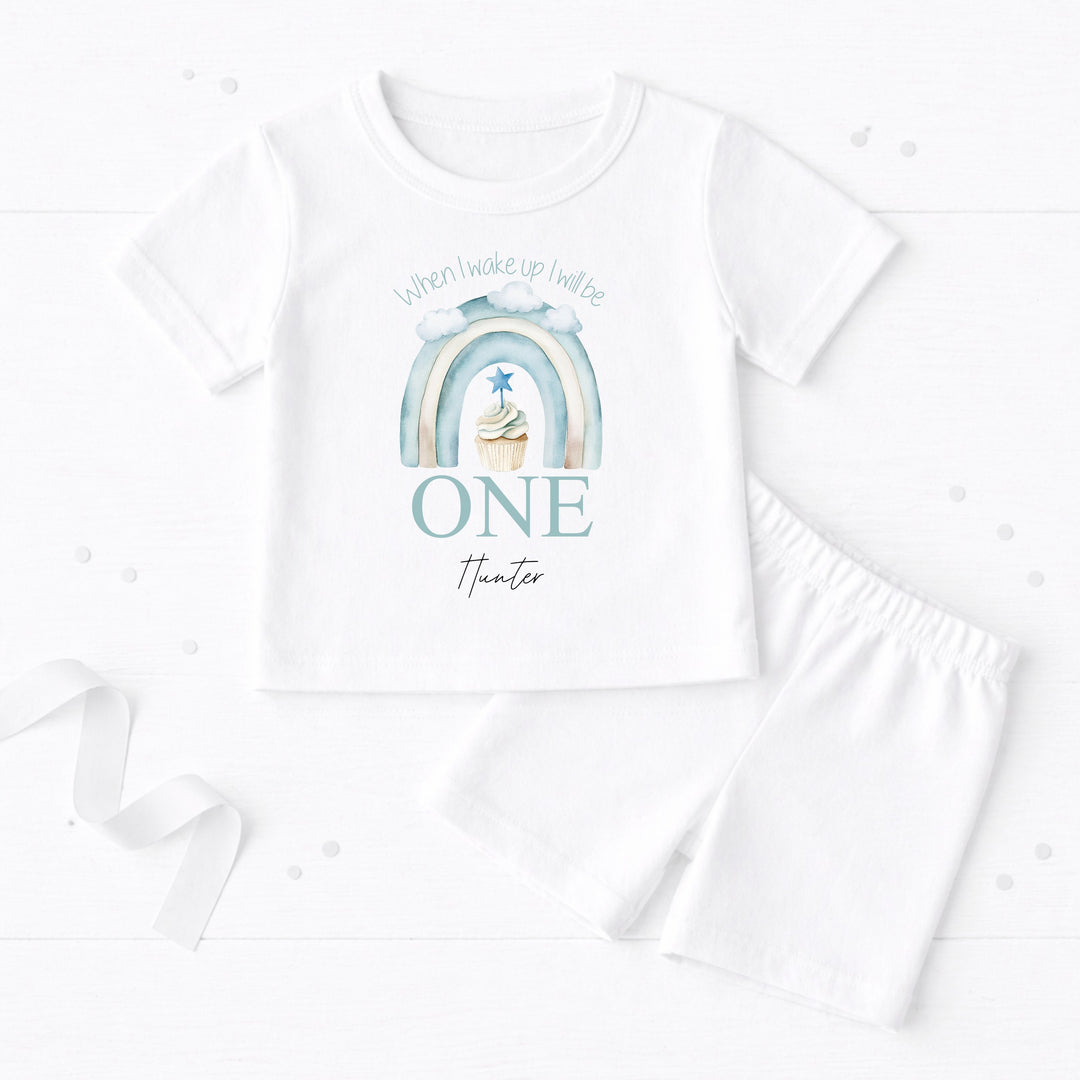 Personalised Blue Birthday Cake First Birthday Short Sleeve Pyjamas