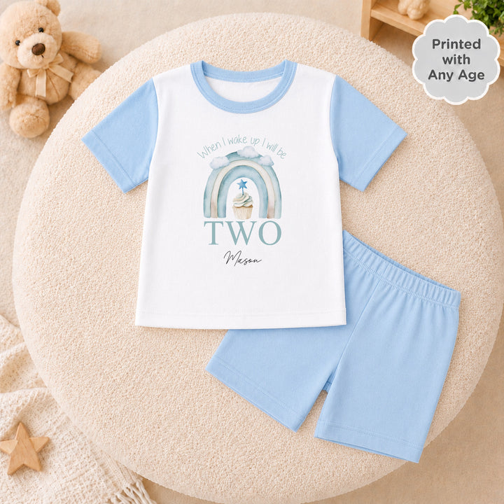 Personalised Blue Birthday Cake Short Sleeve Birthday Pyjamas