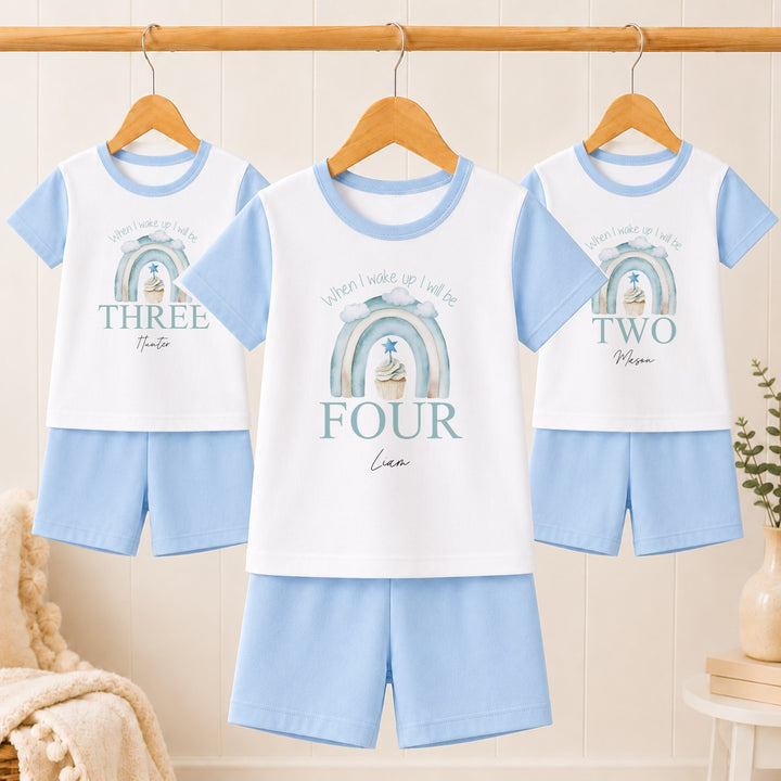 Personalised Blue Birthday Cake Short Sleeve Birthday Pyjamas