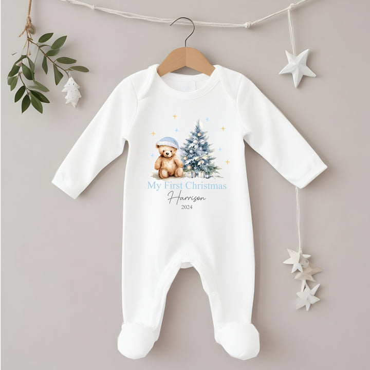 Personalised My First Christmas Blue Teddy Babygrow/Vest/Bib