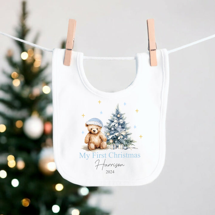 Personalised My First Christmas Blue Teddy Babygrow/Vest/Bib