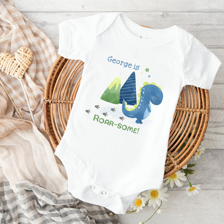 Personalised Blue Dino Is Roarsome Babygrow/Vest