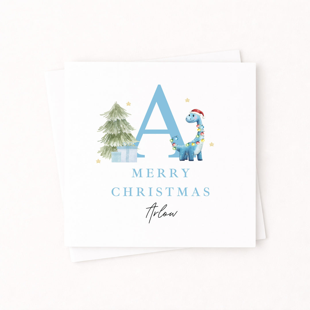 Personalised Blue Dinosaur Initial Merry Christmas Card