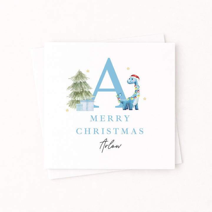 Personalised Blue Dinosaur Initial Merry Christmas Card