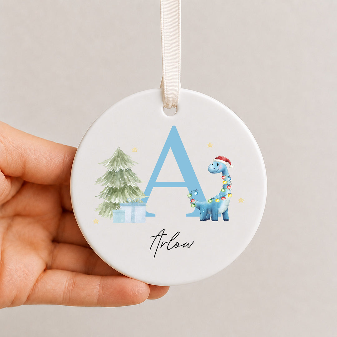 Personalised Blue Dinosaur Initial Ceramic Christmas Bauble