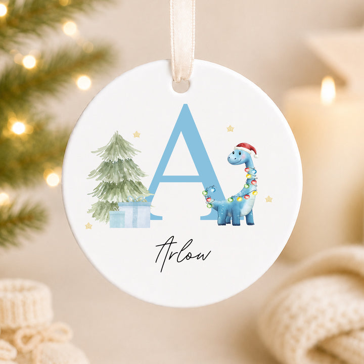 Personalised Blue Dinosaur Initial Ceramic Christmas Bauble