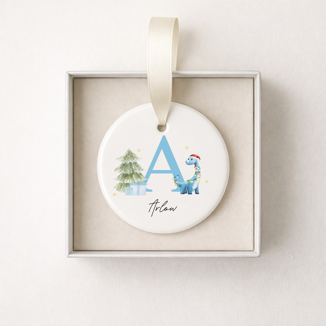 Personalised Blue Dinosaur Initial Ceramic Christmas Bauble