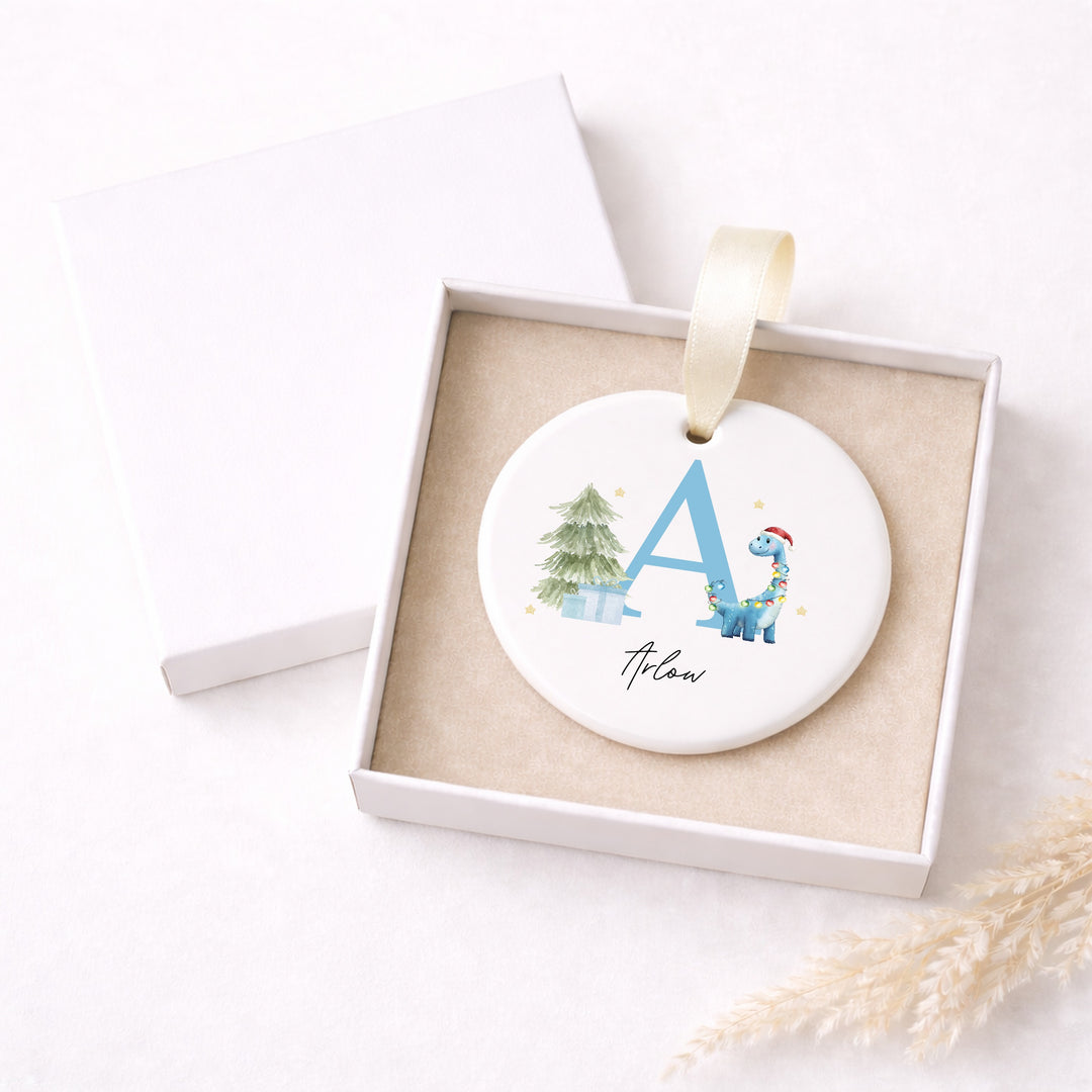 Personalised Blue Dinosaur Initial Ceramic Christmas Bauble