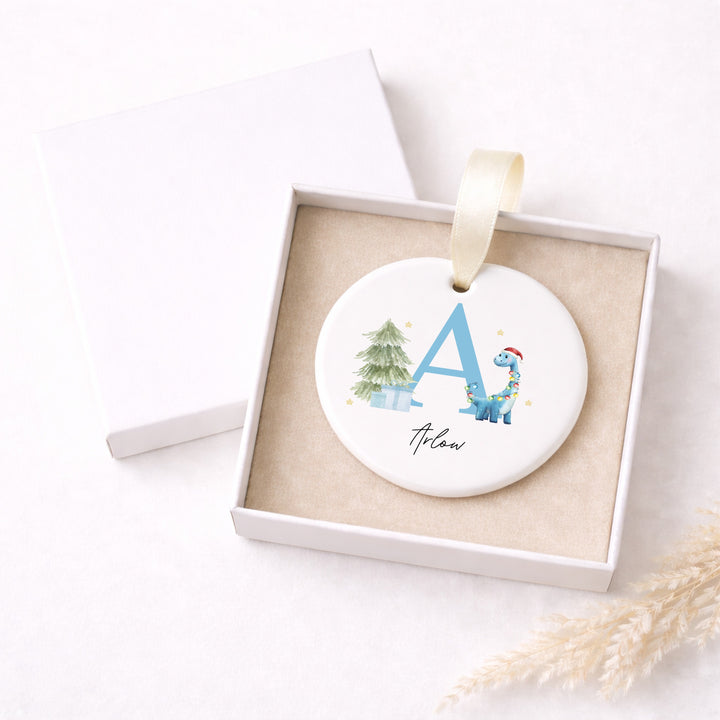 Personalised Blue Dinosaur Initial Ceramic Christmas Bauble