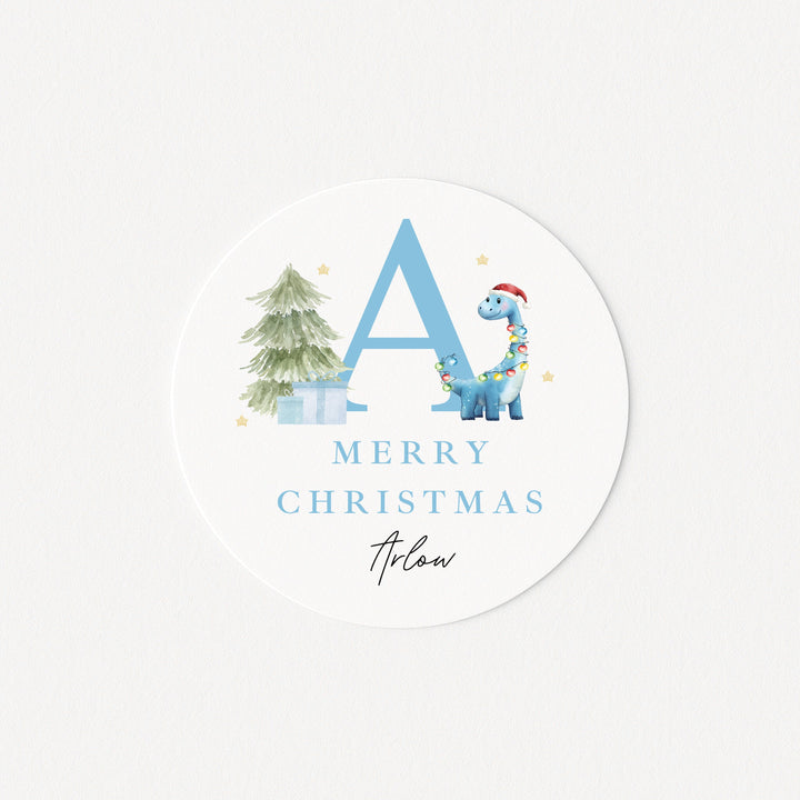 Personalised Blue Dinosaur Merry Christmas Stickers